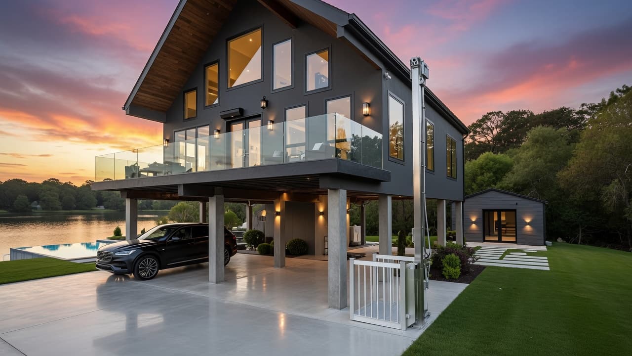 A modern elevated home at dusk, with a twin-rail cargo lift serving the main deck beside the carport.